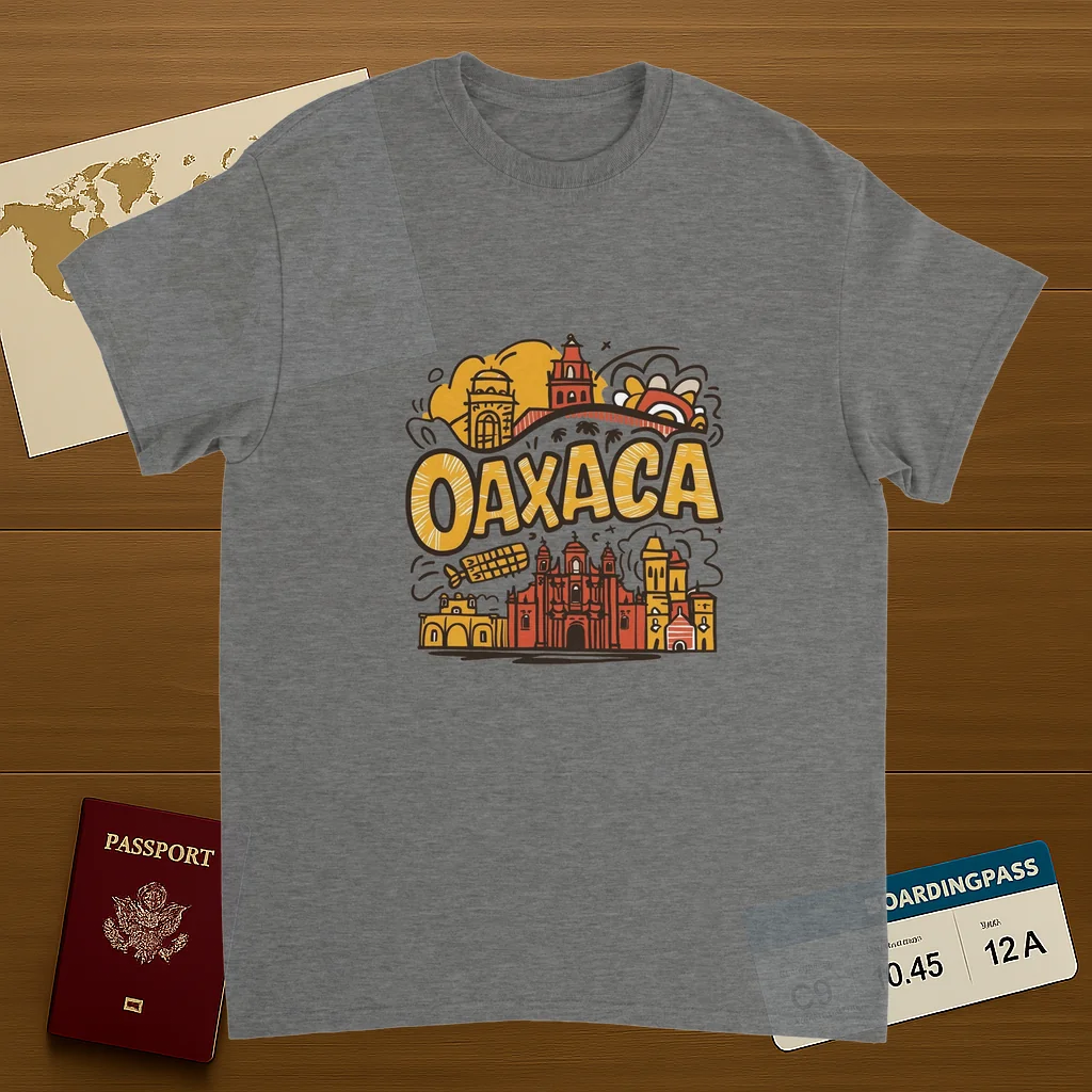 sport grey Oaxaca Mexico Unisex Travel T-Shirt on wooden background with world map, passport, and boarding pass