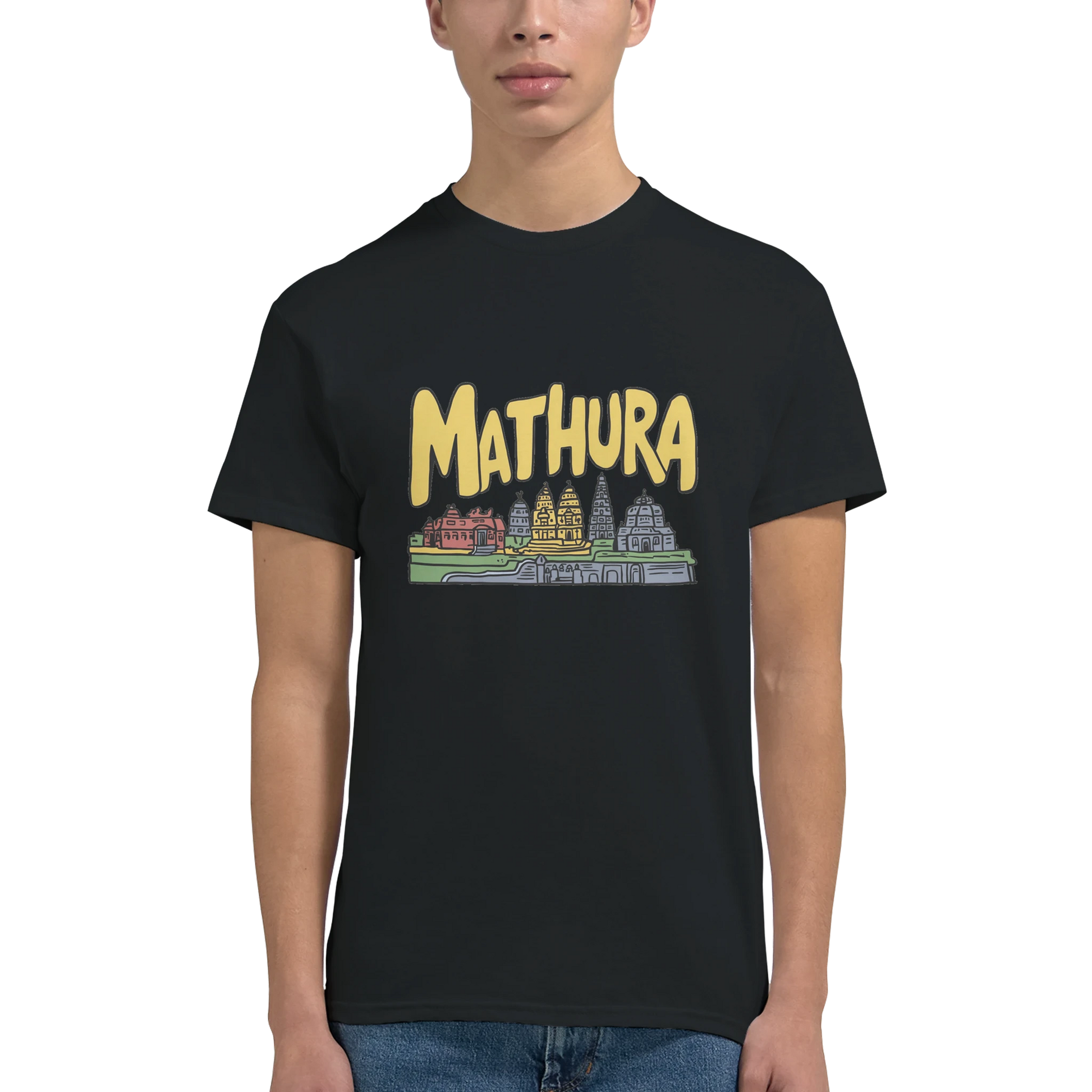 Mathura India Unisex Travel T-Shirt featuring a man