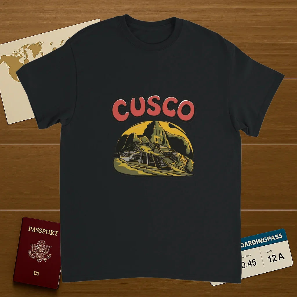 black Cusco Peru Unisex Travel T-Shirt on wooden background with world map, passport, and boarding pass