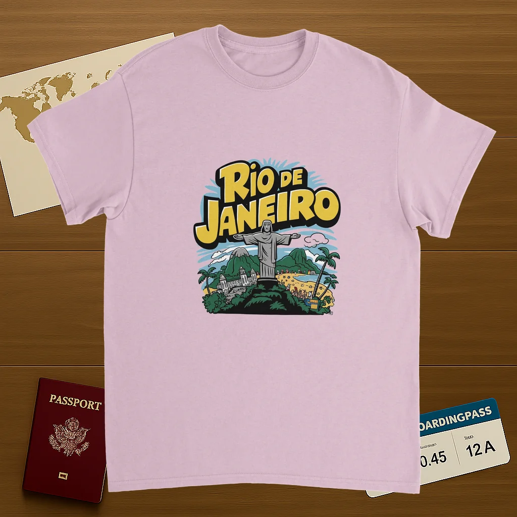 light pink Rio de Janeiro Brazil Unisex Travel T-Shirt on wooden background with world map, passport, and boarding pass