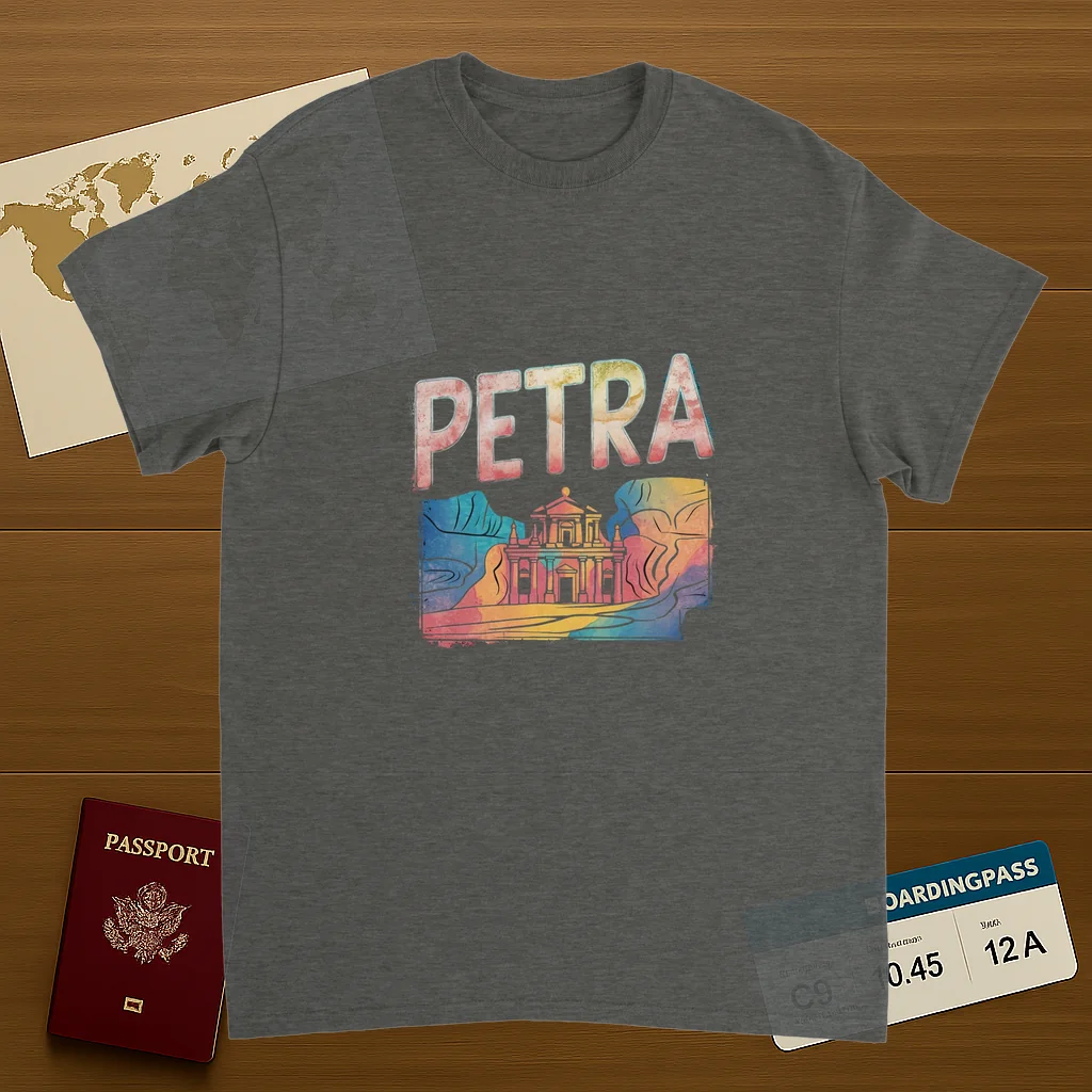 Petra Jordan Unisex Travel T-Shirt on wooden background with world map, passport, and boarding pass