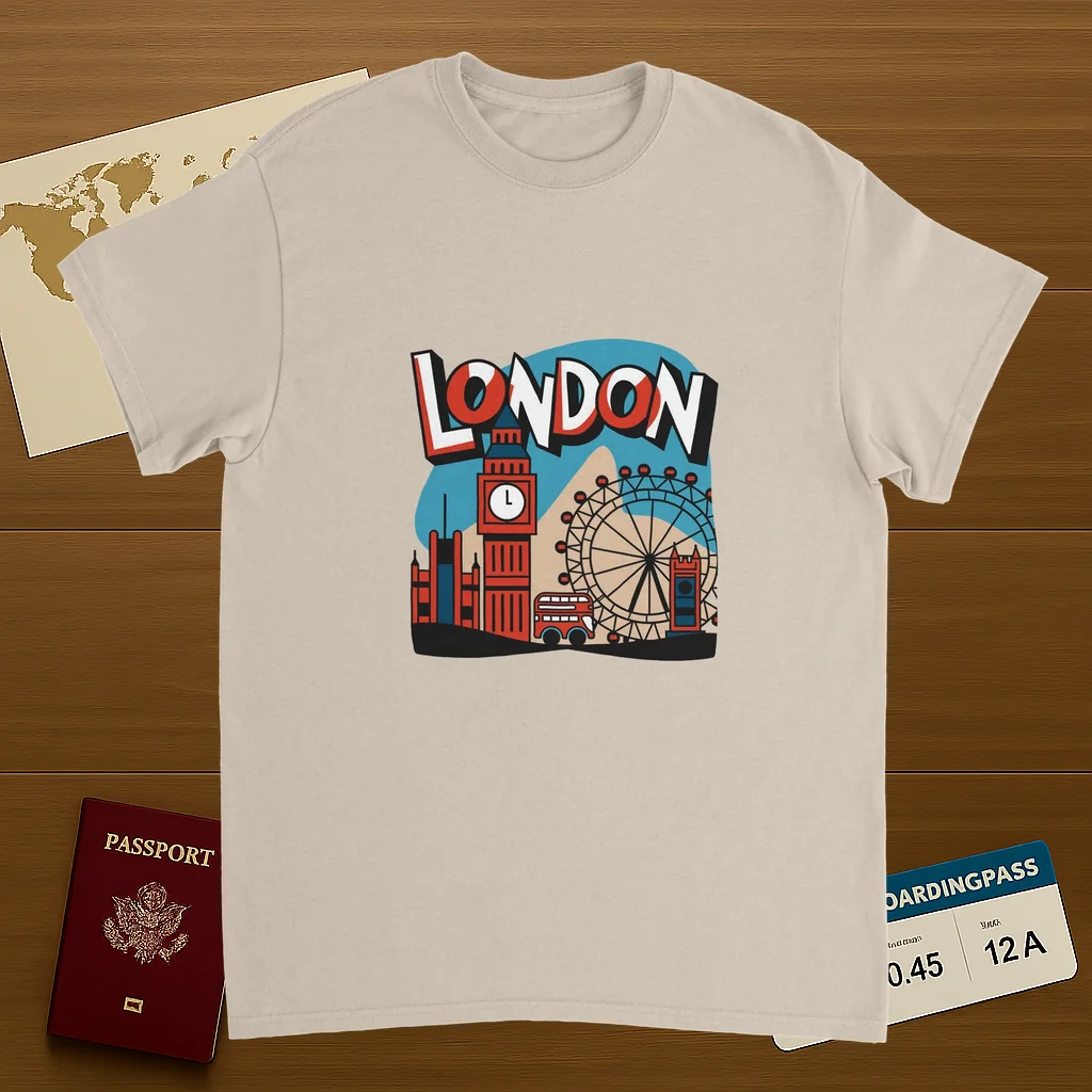 London England Unisex Travel T-Shirt on wooden background with world map, passport, and boarding pass