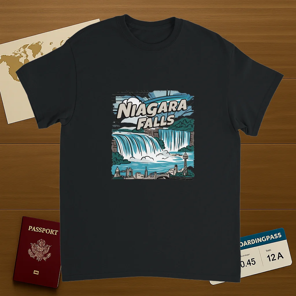 black Niagara Falls Unisex Travel T-Shirt on wooden background with world map, passport, and boarding pass