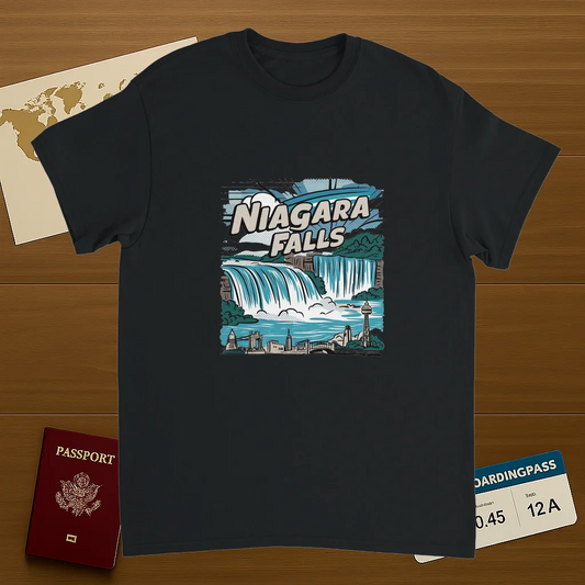 black Niagara Falls Unisex Travel T-Shirt on wooden background with world map, passport, and boarding pass