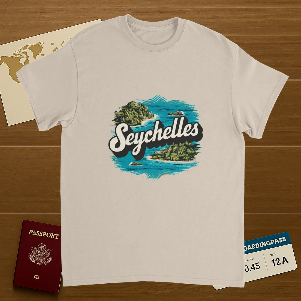 Seychelles Unisex Travel T-Shirt on wooden background with world map, passport, and boarding pass