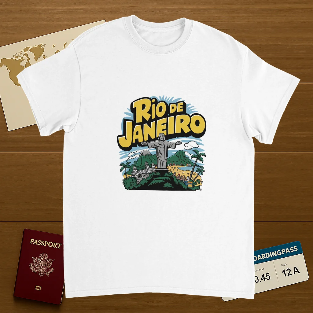 white Rio de Janeiro Brazil Unisex Travel T-Shirt on wooden background with world map, passport, and boarding pass