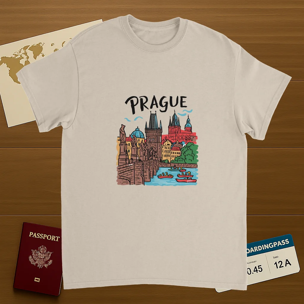 Prague Czechia Unisex Travel T-Shirt on wooden background with world map, passport, and boarding pass