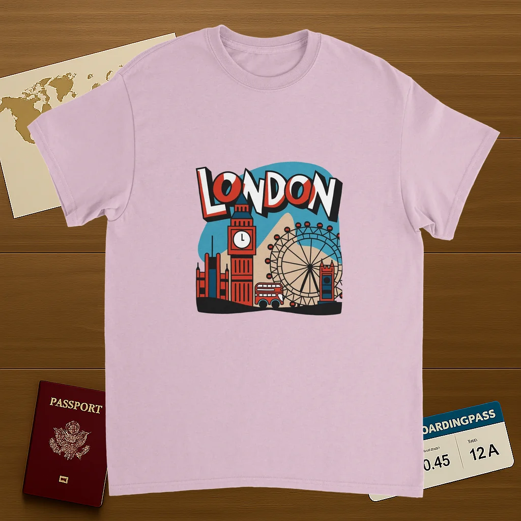 light pink London England Unisex Travel T-Shirt on wooden background with world map, passport, and boarding pass