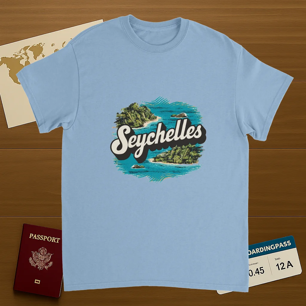 light blue Seychelles Unisex Travel T-Shirt on wooden background with world map, passport, and boarding pass