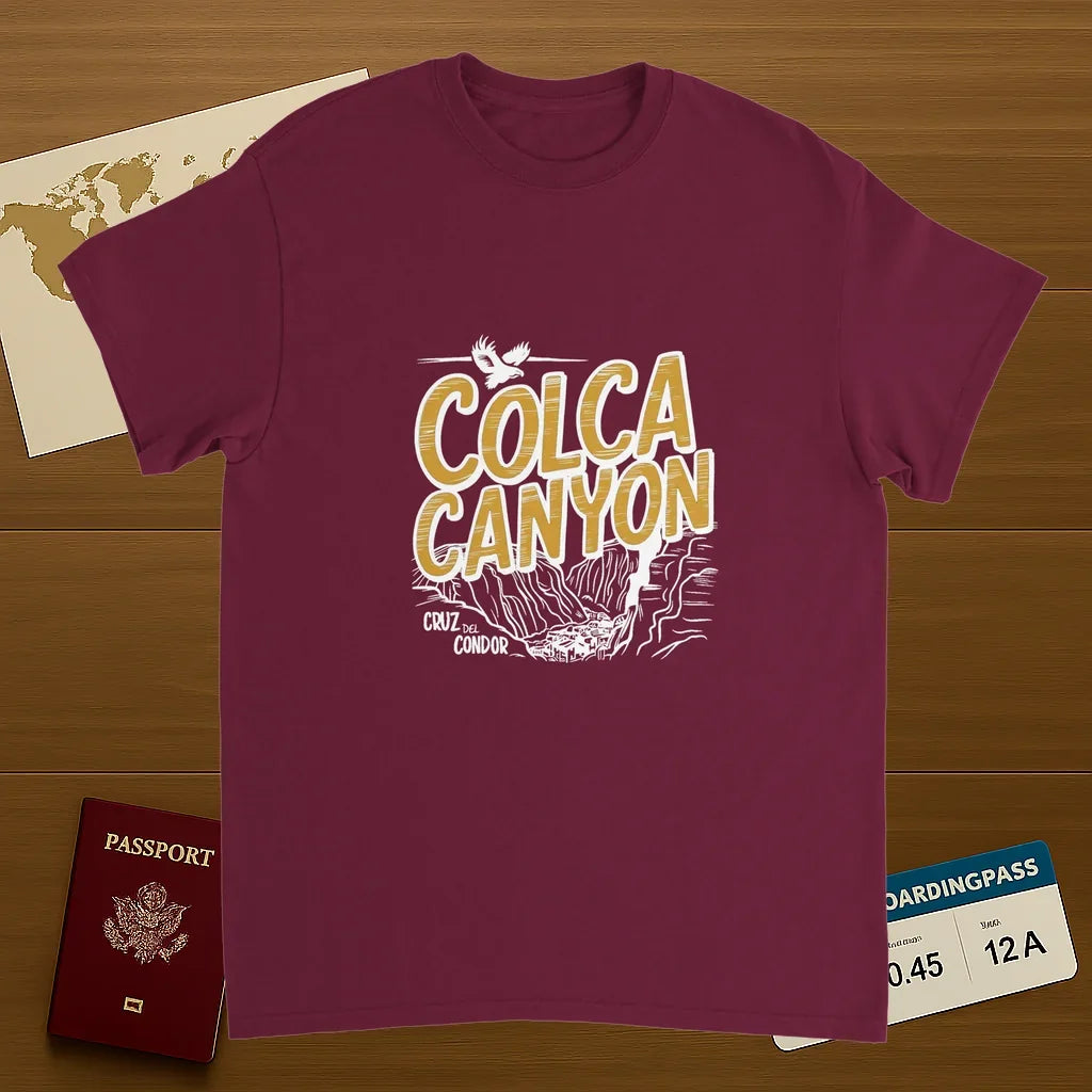 Colca Canyon Peru Unisex Travel T-Shirt on wooden background with world map, passport, and boarding pass