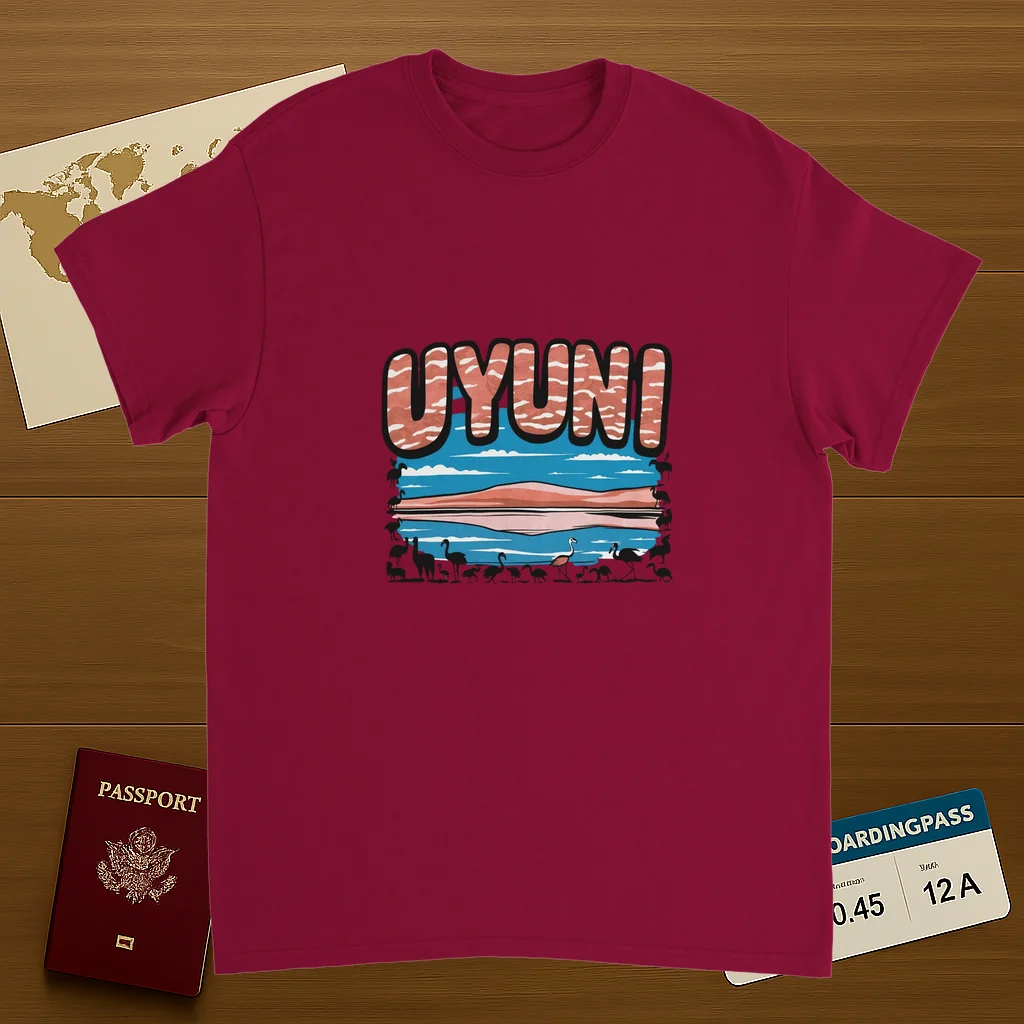 cardinal red Uyuni Bolivia Unisex Travel T-Shirt on wooden background with world map, passport, and boarding pass