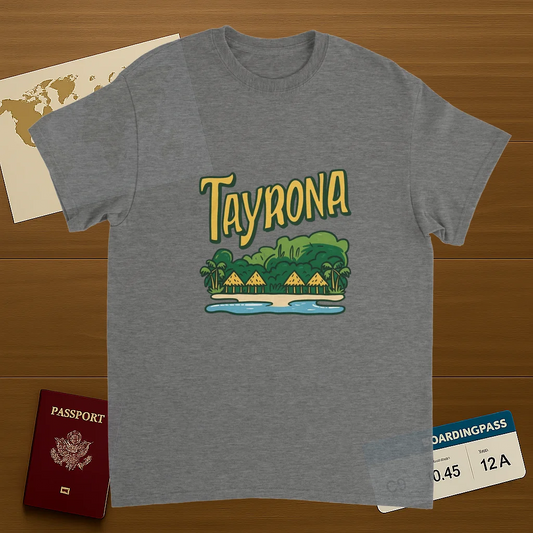 sport grey Tayrona Colombia Unisex Travel T-Shirt on wooden background with world map, passport, and boarding pass