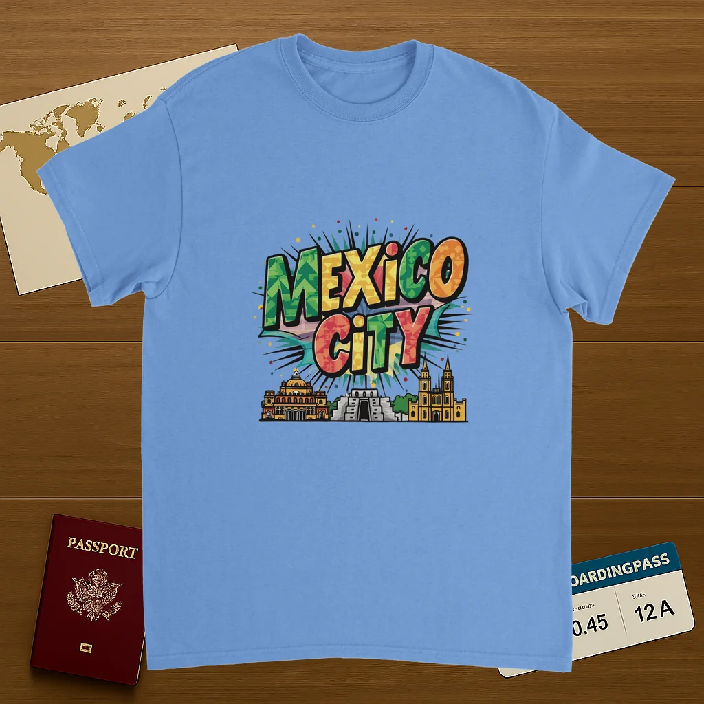 carolina blue Mexico City Unisex Travel T-Shirt on wooden background with world map, passport, and boarding pass