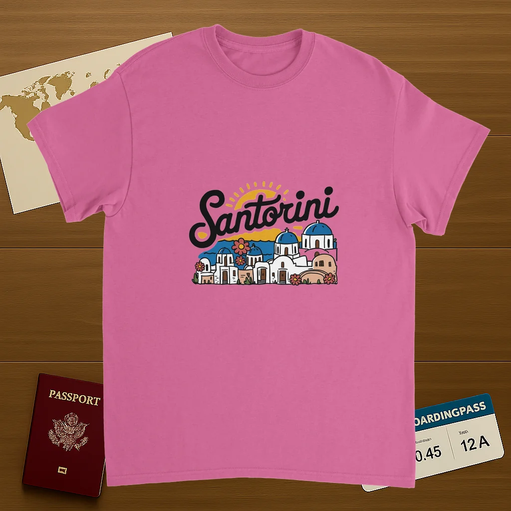 Santorini Greece Unisex Travel T-Shirt on wooden background with world map, passport, and boarding pass