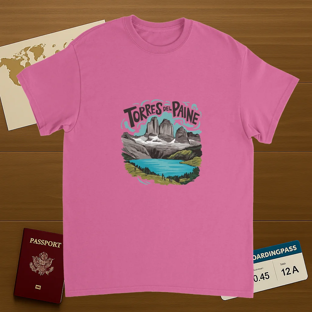 Torres del Paine Chile Unisex Travel T-Shirt on wooden background with world map, passport, and boarding pass