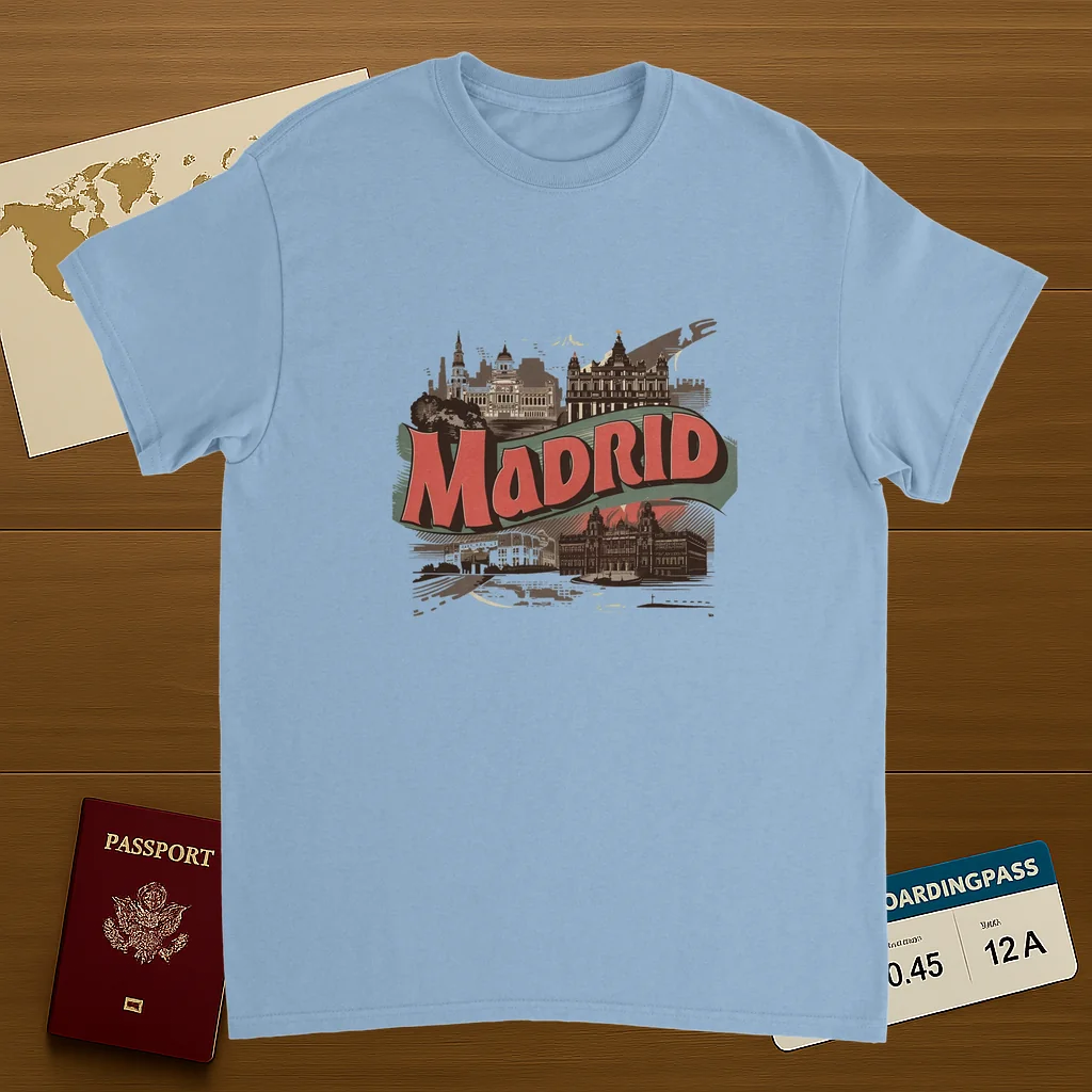 light blue Madrid Spain Unisex Travel T-Shirt on wooden background with world map, passport, and boarding pass