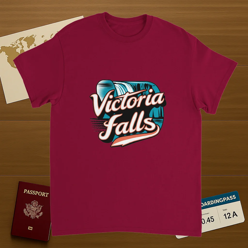 cardinal red Victoria Falls Unisex Travel T-Shirt on wooden background with world map, passport, and boarding pass