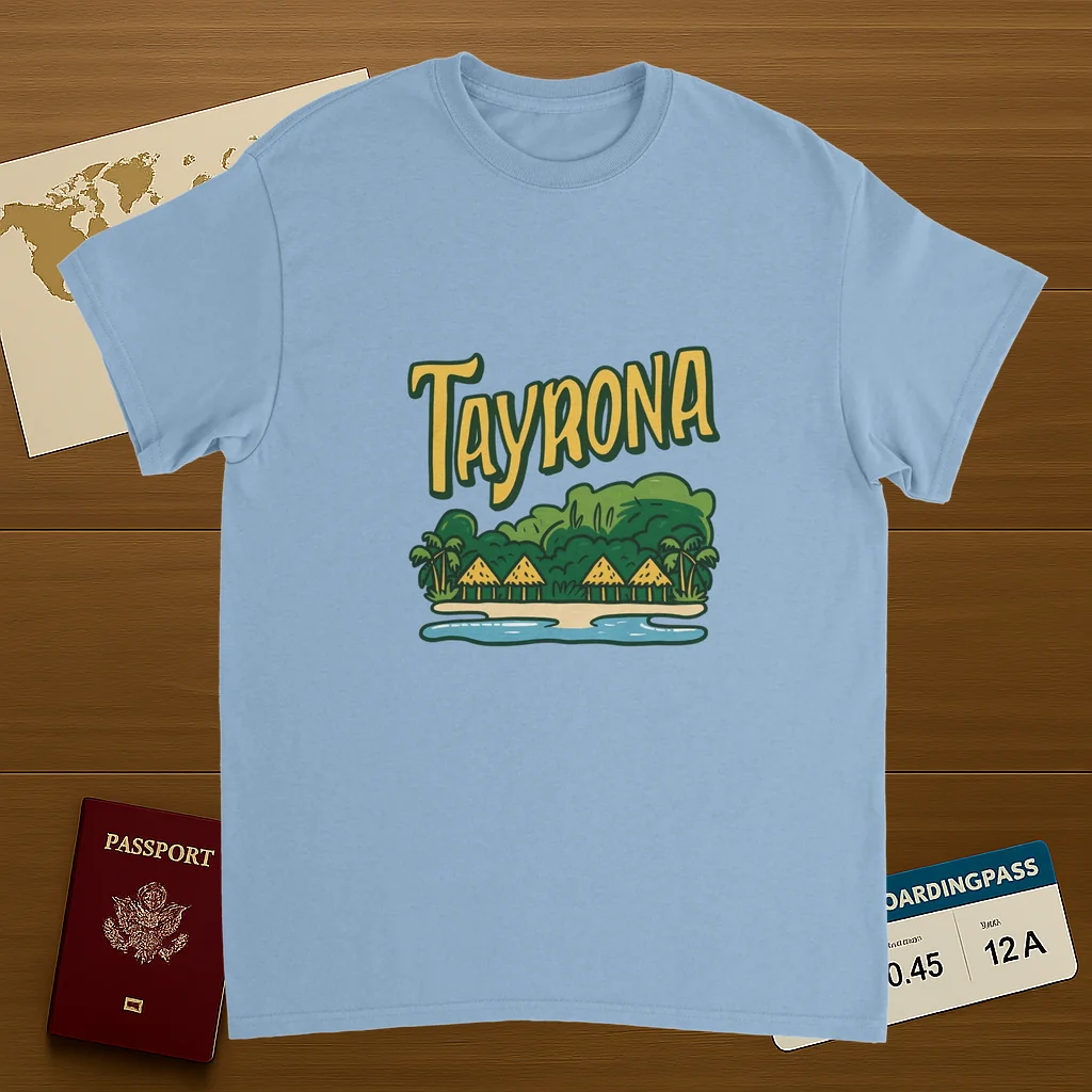 light blue Tayrona Colombia Unisex Travel T-Shirt on wooden background with world map, passport, and boarding pass
