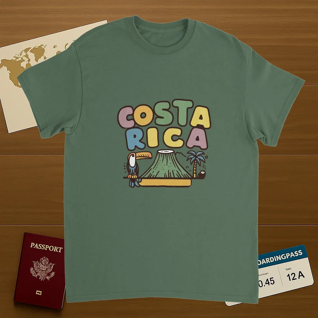 military green Costa Rica Unisex Travel T-Shirt on wooden background with world map, passport, and boarding pass