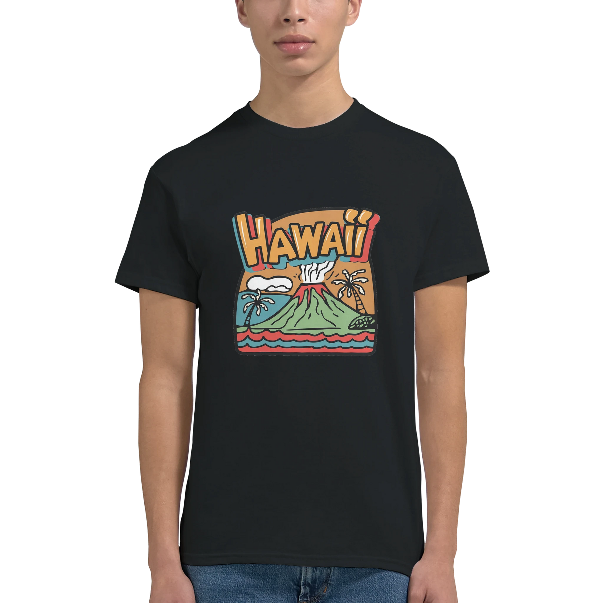 Hawaii Unisex Travel T-Shirt on wooden background with world map, passport, and boarding pass
