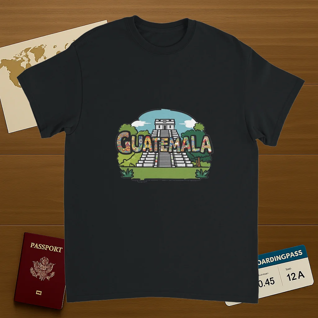 black Guatemala Unisex Travel T-Shirt on wooden background with world map, passport, and boarding pass