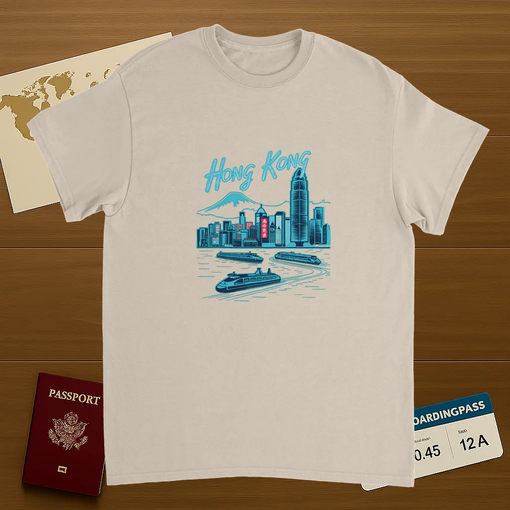 Hong Kong Unisex Travel T-Shirt on wooden background with world map, passport, and boarding pass