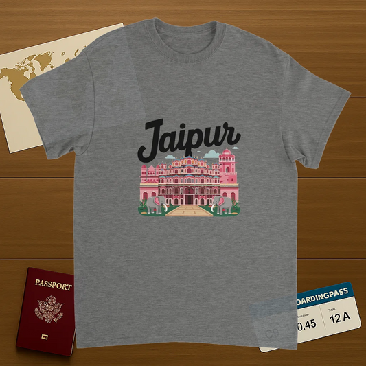 sport grey Jaipur India Unisex Travel T-Shirt on wooden background with world map, passport, and boarding pass