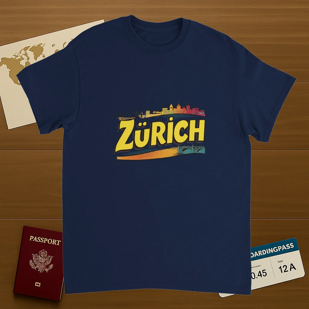 navy Zurich Switzerland Unisex Travel T-Shirt on wooden background with world map, passport, and boarding pass