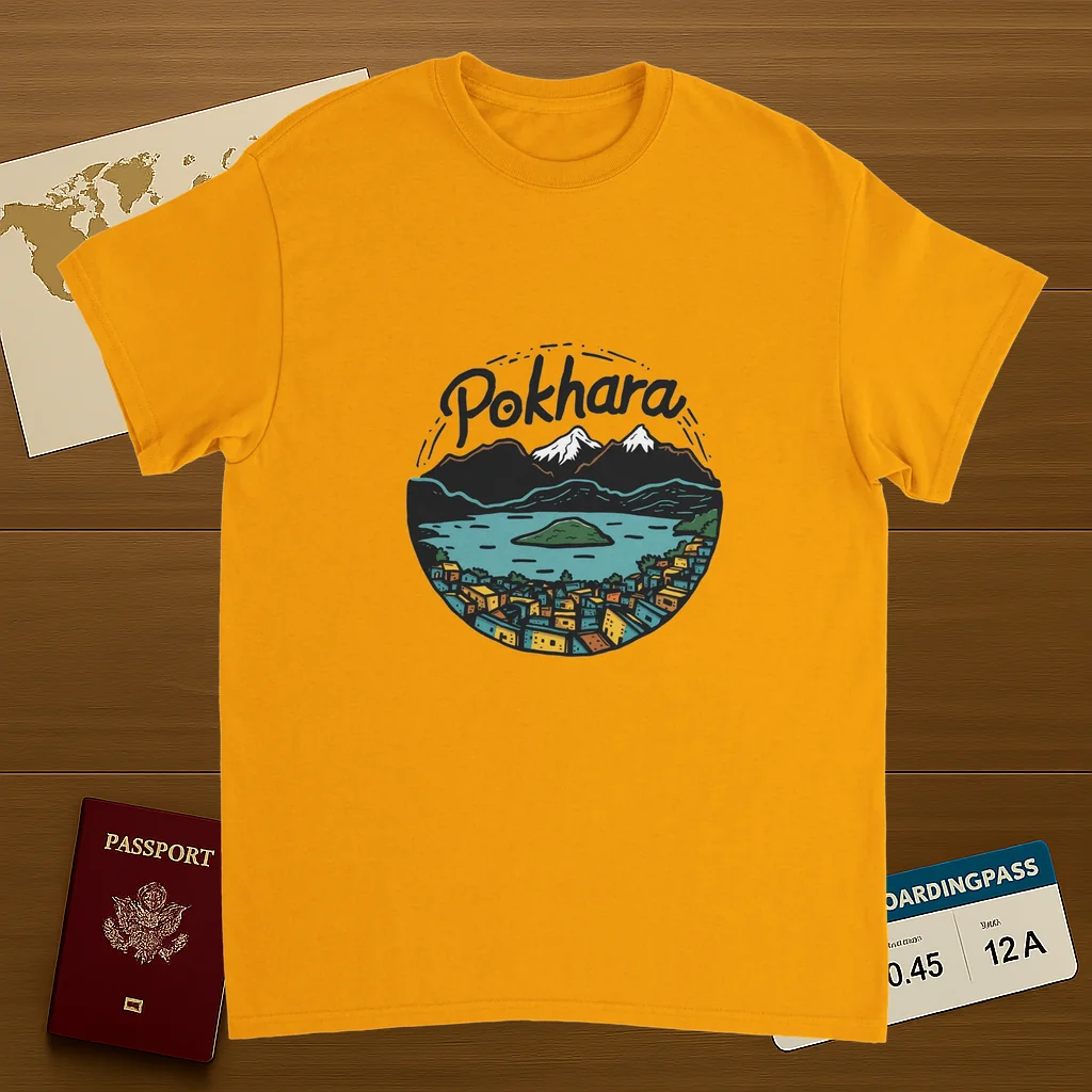 gold Pokhara Nepal Unisex Travel T-Shirt on wooden background with world map, passport, and boarding pass