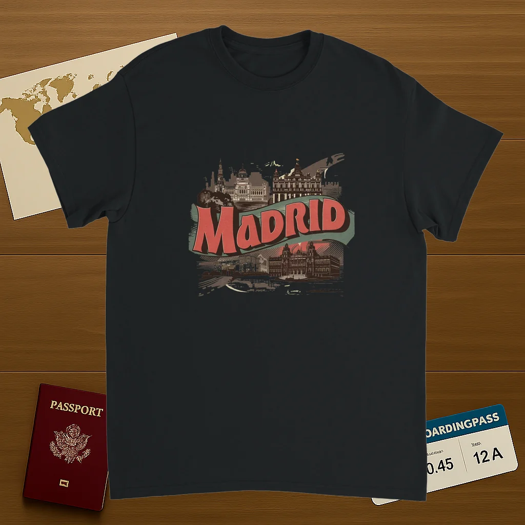 black Madrid Spain Unisex Travel T-Shirt on wooden background with world map, passport, and boarding pass
