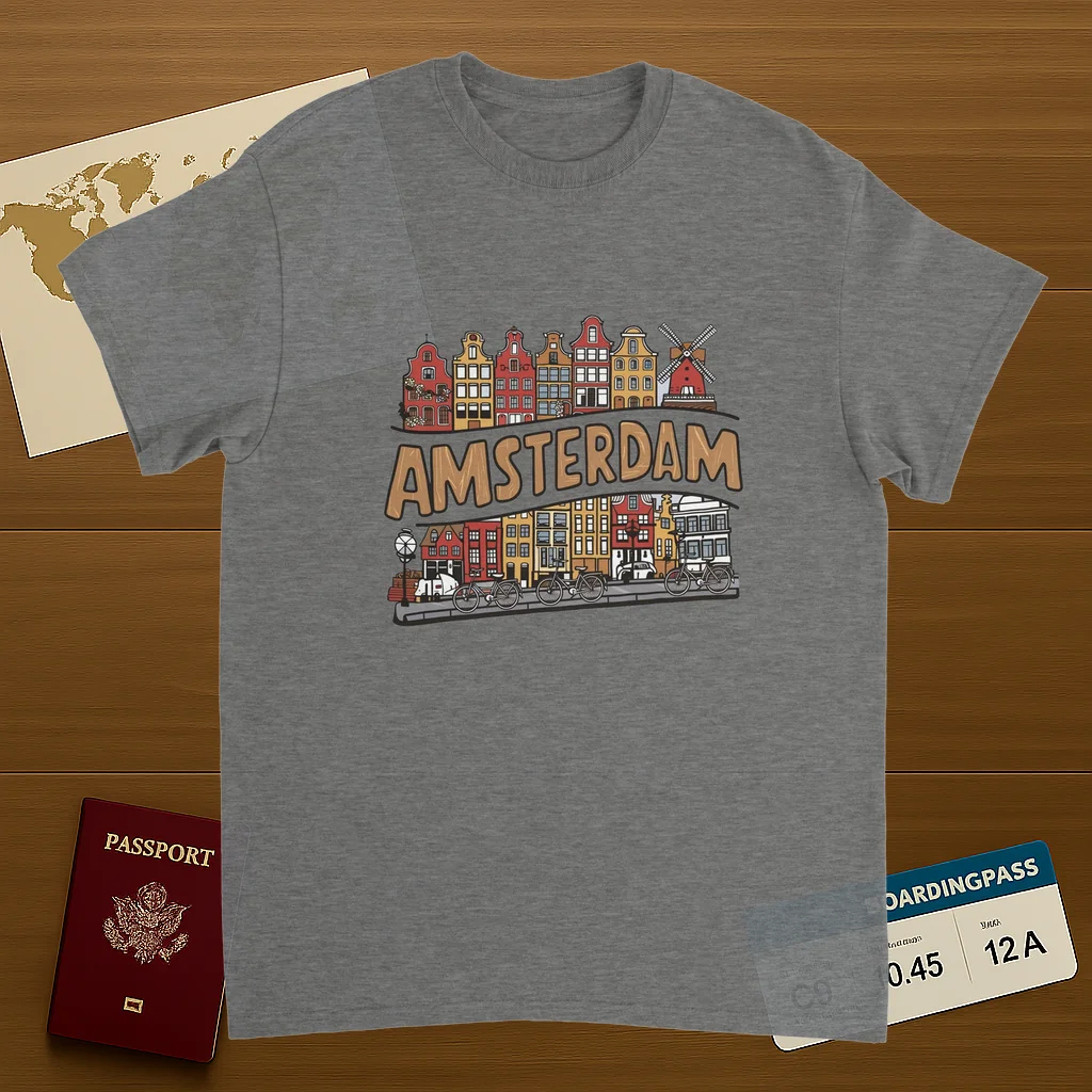 sport grey Amsterdam Netherlands Unisex Travel T-Shirt on wooden background with world map, passport, and boarding pass