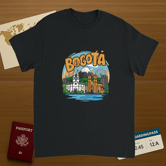 black Bogotá Colombia Unisex Travel T-Shirt on wooden background with world map, passport, and boarding pass