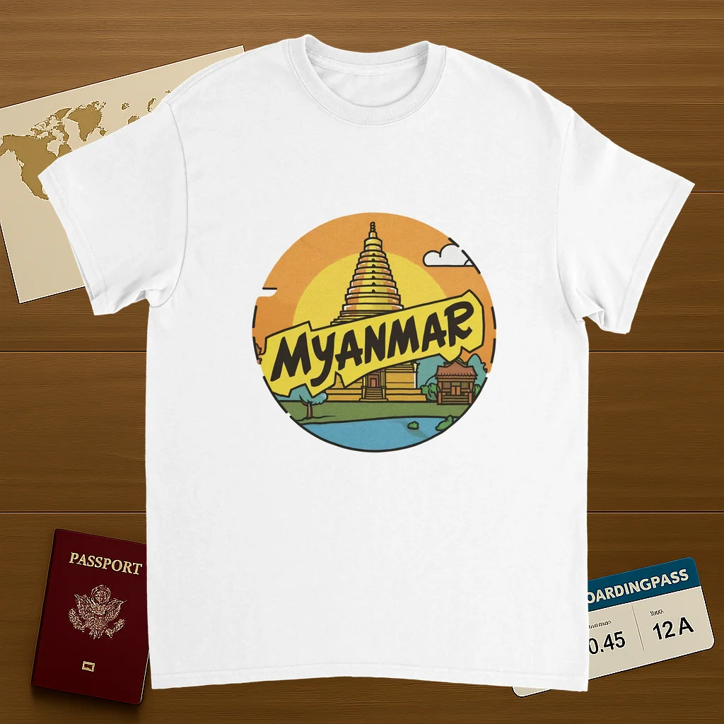 white Myanmar Unisex Travel T-Shirt on wooden background with world map, passport, and boarding pass