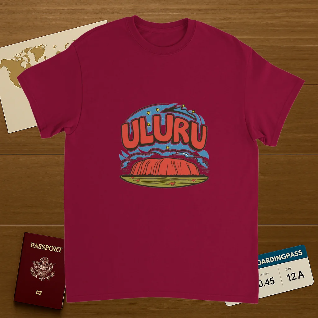 cardinal red Uluru Australia Unisex Travel T-Shirt on wooden background with world map, passport, and boarding pass