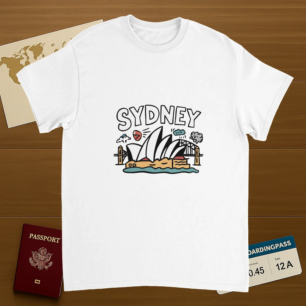white Sydney Australia Unisex Travel T-Shirt on wooden background with world map, passport, and boarding pass
