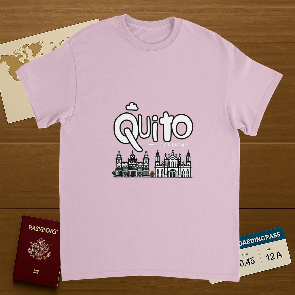 light pink Quito Ecuador Unisex Travel T-Shirt on wooden background with world map, passport, and boarding pass