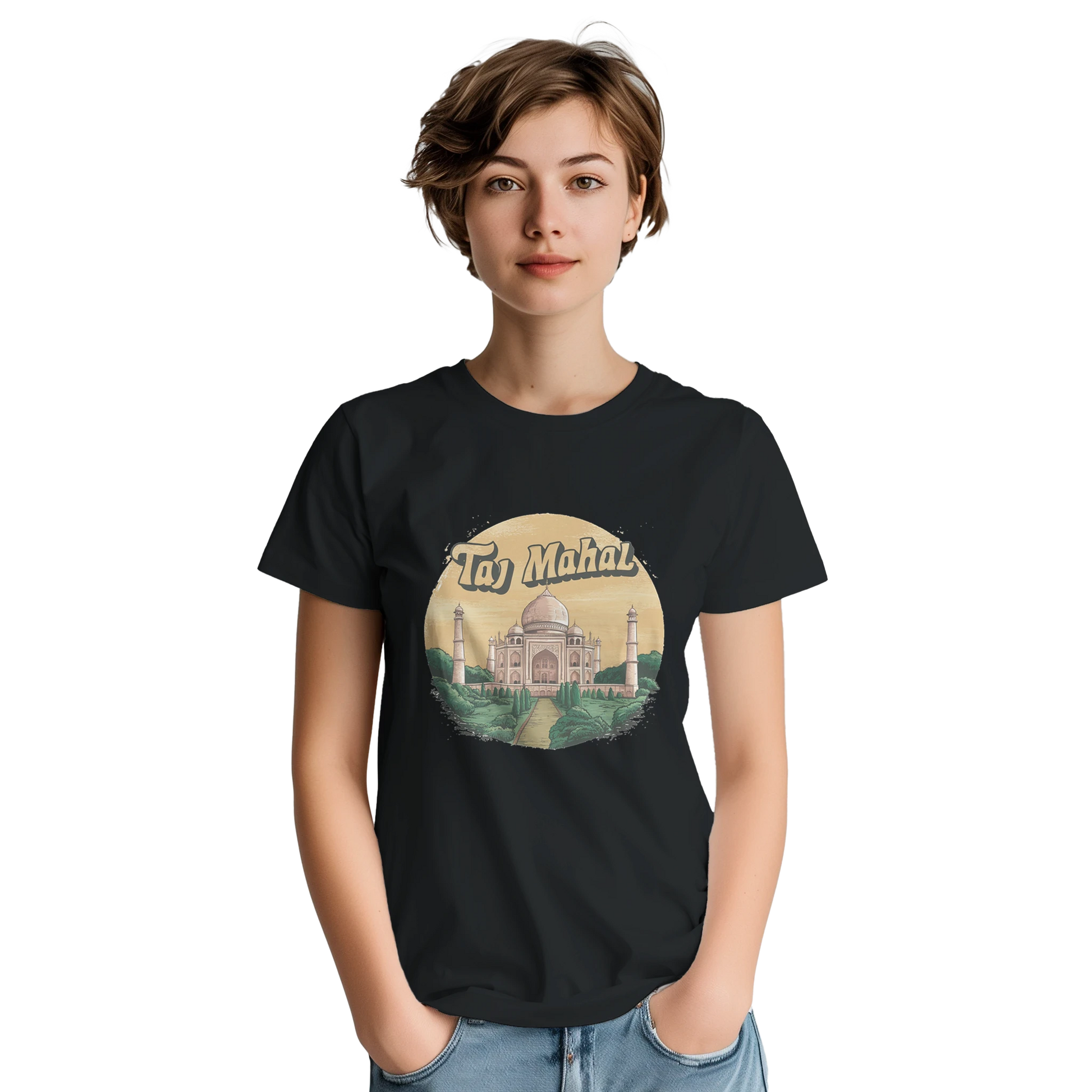 Taj Mahal Agra India Unisex Travel T-Shirt featuring a person from the front