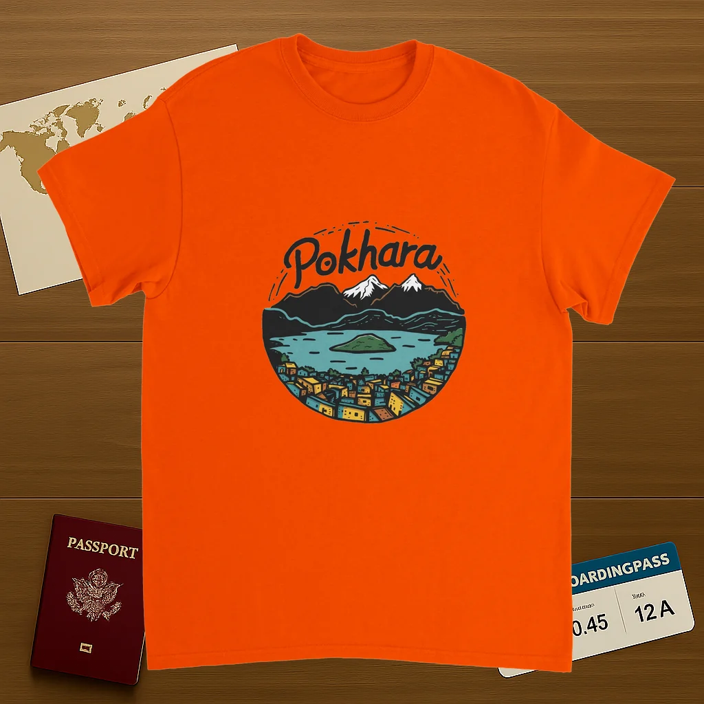 orange Pokhara Nepal Unisex Travel T-Shirt on wooden background with world map, passport, and boarding pass