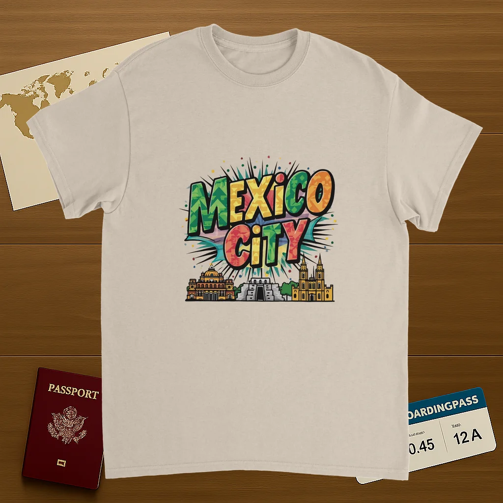 Mexico City Unisex Travel T-Shirt on wooden background with world map, passport, and boarding pass