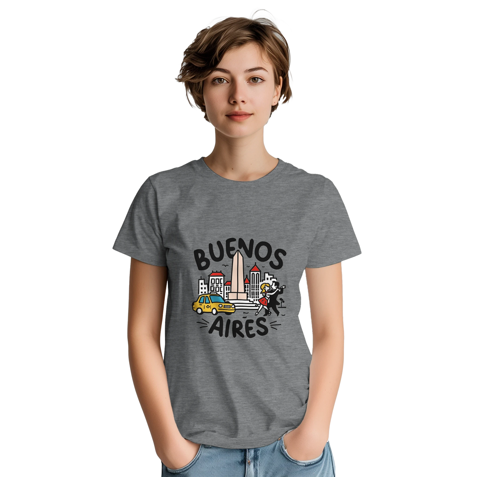 Buenos Aires Argentina Unisex Travel T-Shirt on wooden background with world map, passport, and boarding pass