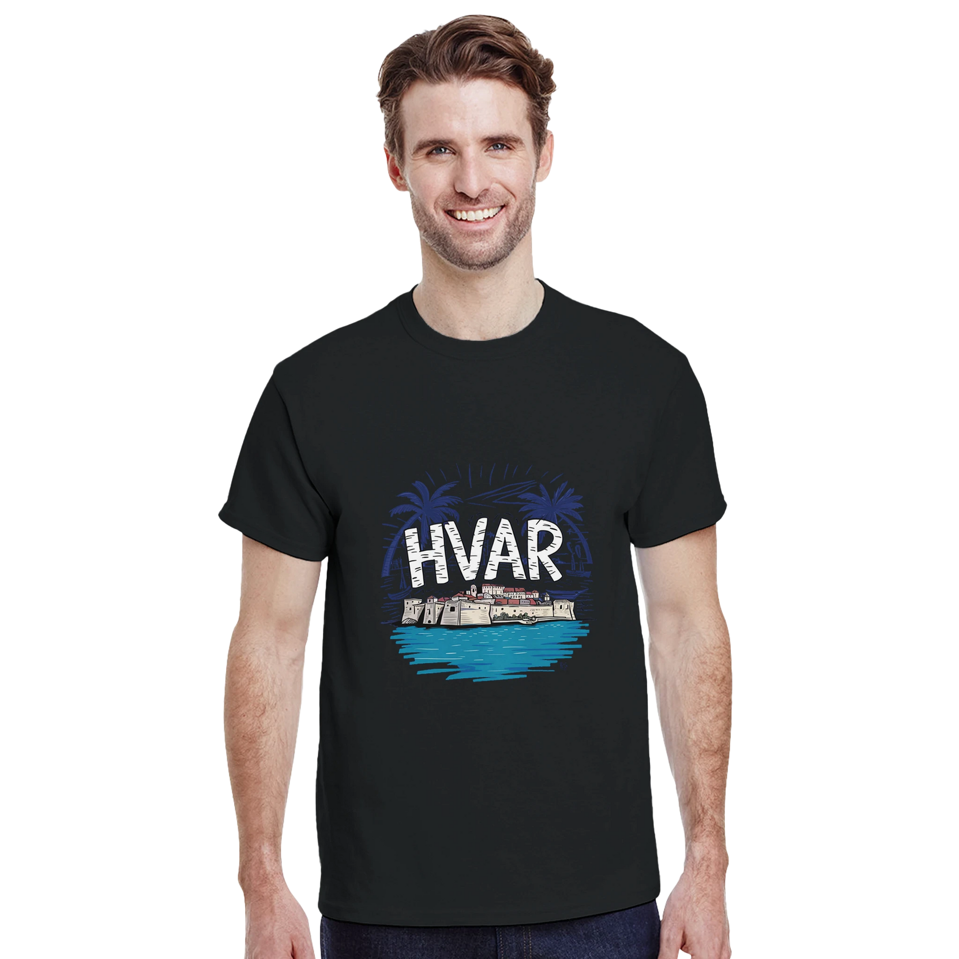 Hvar Croatia Unisex Travel T-Shirt featuring a man