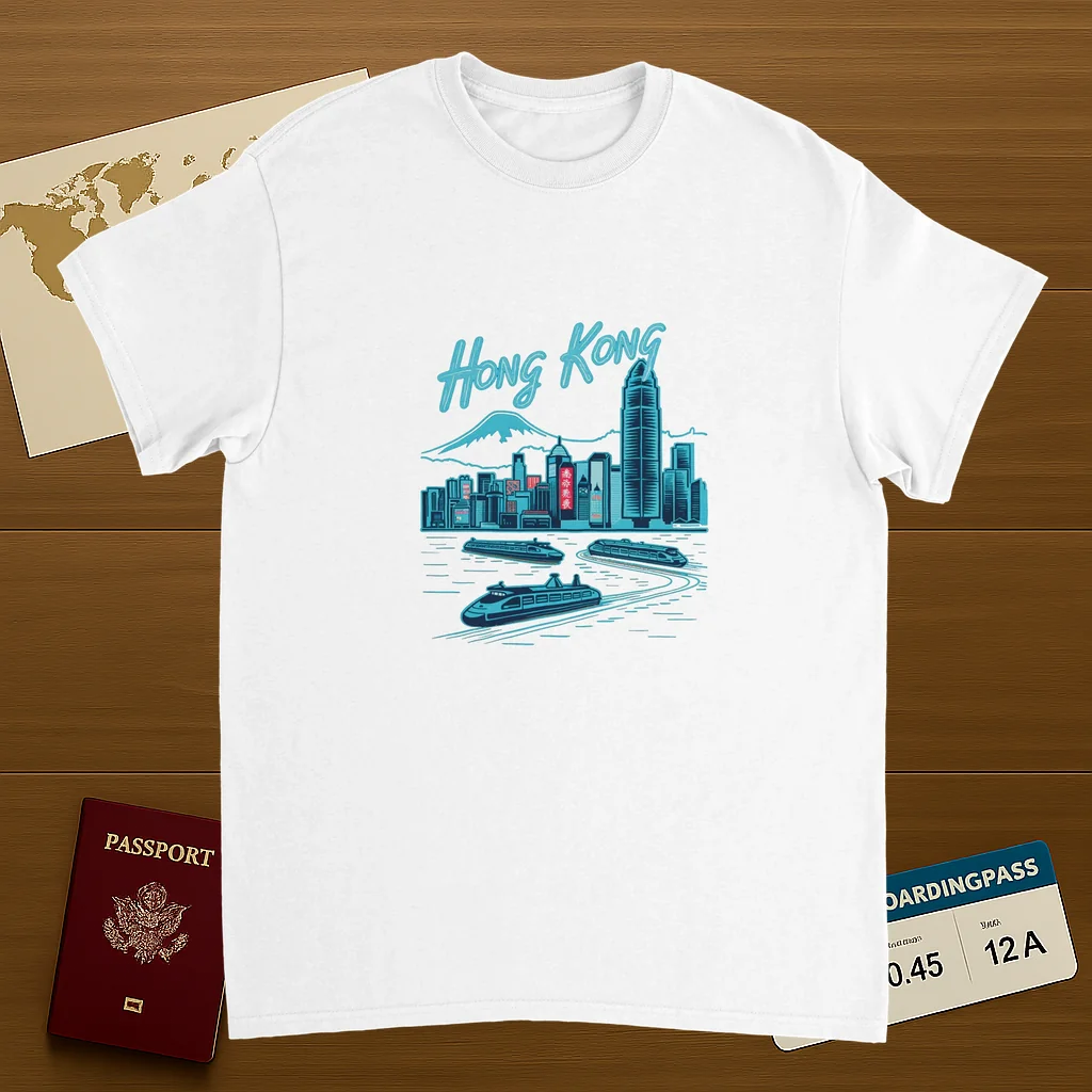 white Hong Kong Unisex Travel T-Shirt on wooden background with world map, passport, and boarding pass