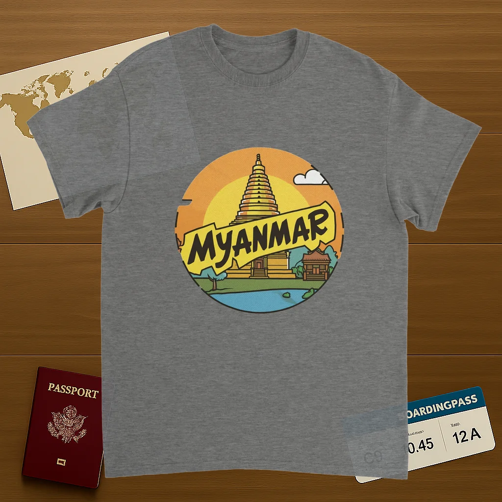 sport grey Myanmar Unisex Travel T-Shirt on wooden background with world map, passport, and boarding pass