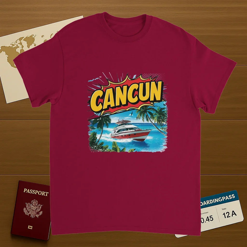cardinal red Cancún Mexico Unisex Travel T-Shirt on wooden background with world map, passport, and boarding pass