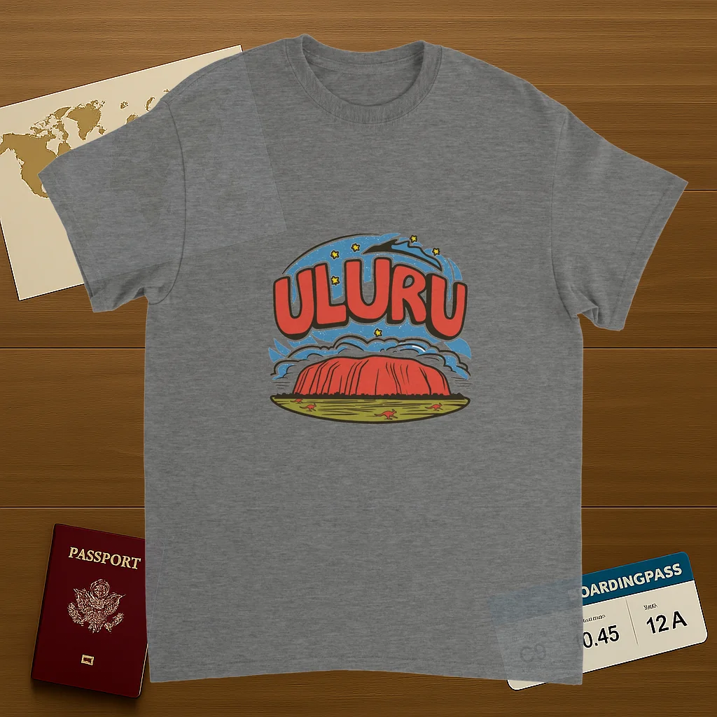 sport grey Uluru Australia Unisex Travel T-Shirt on wooden background with world map, passport, and boarding pass