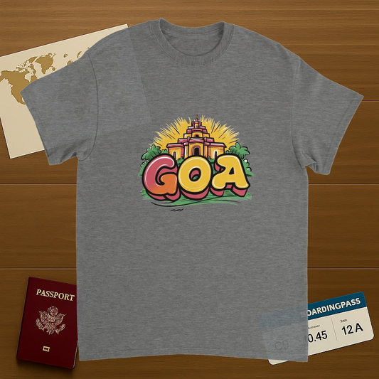 sport grey Goa India Unisex Travel T-Shirt on wooden background with world map, passport, and boarding pass