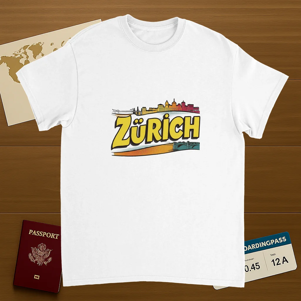 white Zurich Switzerland Unisex Travel T-Shirt on wooden background with world map, passport, and boarding pass