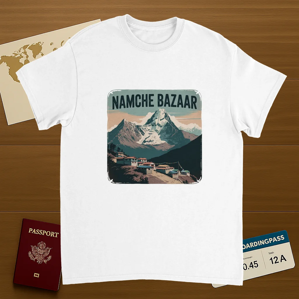 white Namche Bazaar Nepal Unisex Travel T-Shirt on wooden background with world map, passport, and boarding pass