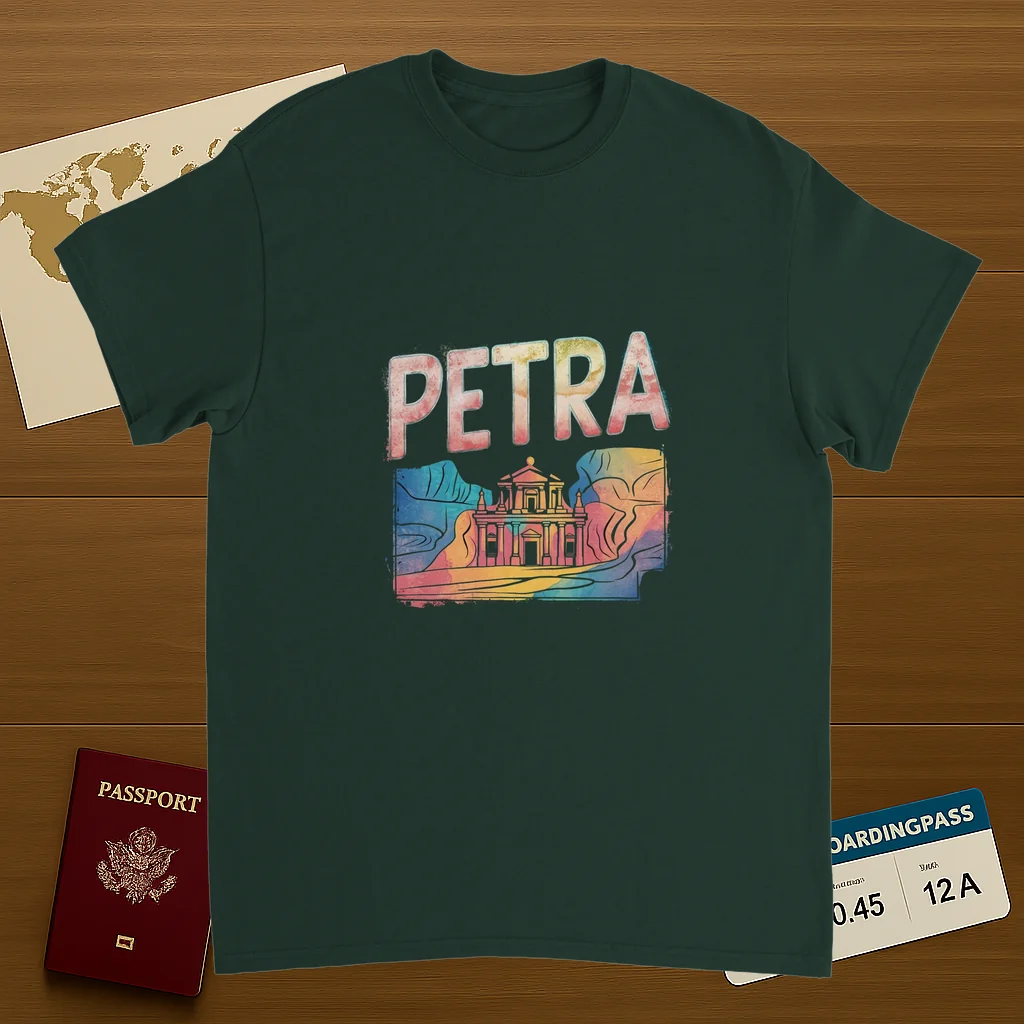 forest green Petra Jordan Unisex Travel T-Shirt on wooden background with world map, passport, and boarding pass