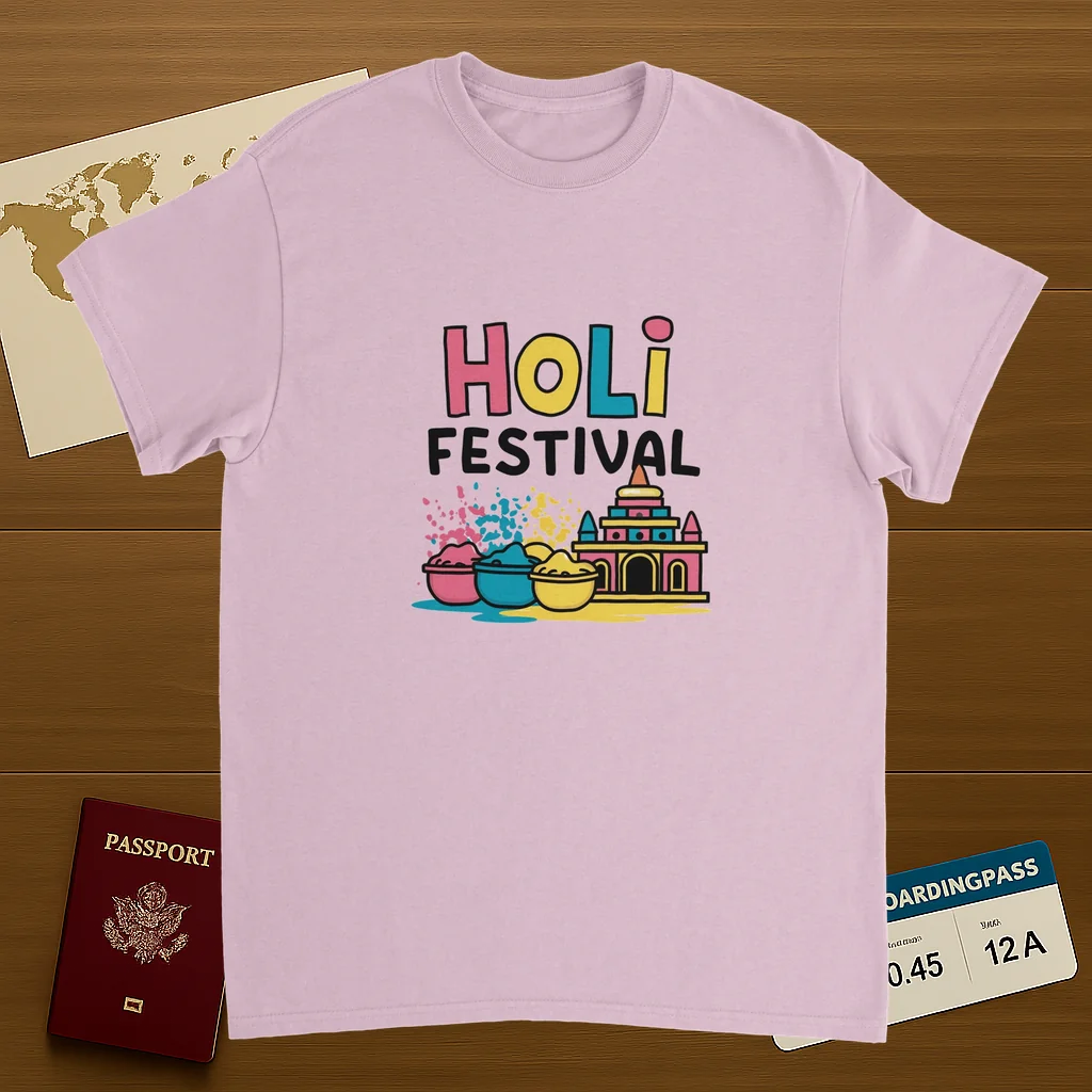 light pink Holi Festival Mathura India Unisex Travel T-Shirt on wooden background with world map, passport, and boarding pass
